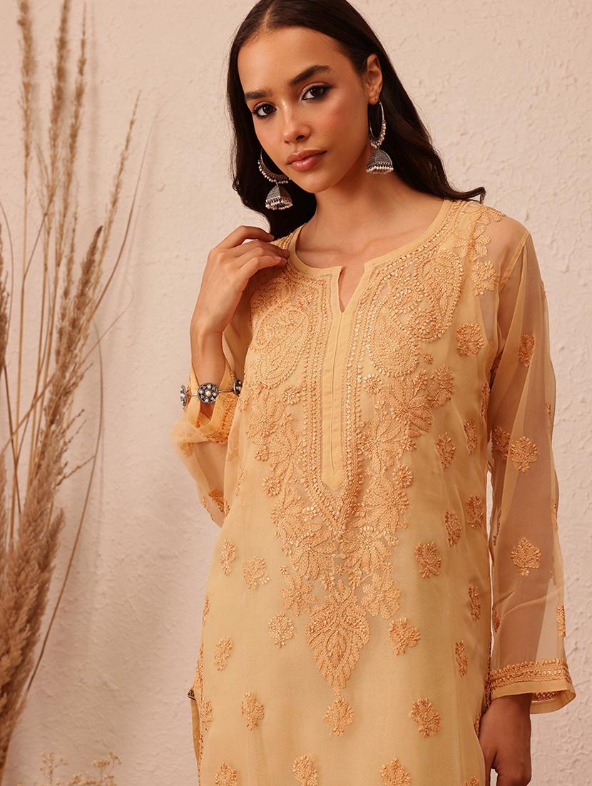 women long sleeve straight chikankari kurta - 21729629 - Standard Image - 3