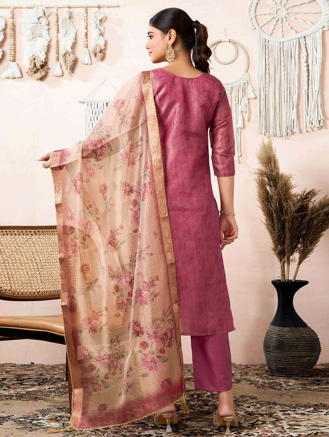 women three quarter sleeve kurta pant with dupatta set - 21729659 -  Standard Image - 3