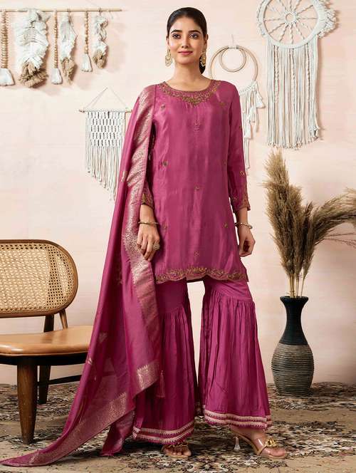 women embellished kurta sharara set with dupatta - 21729661 -  Standard Image - 0