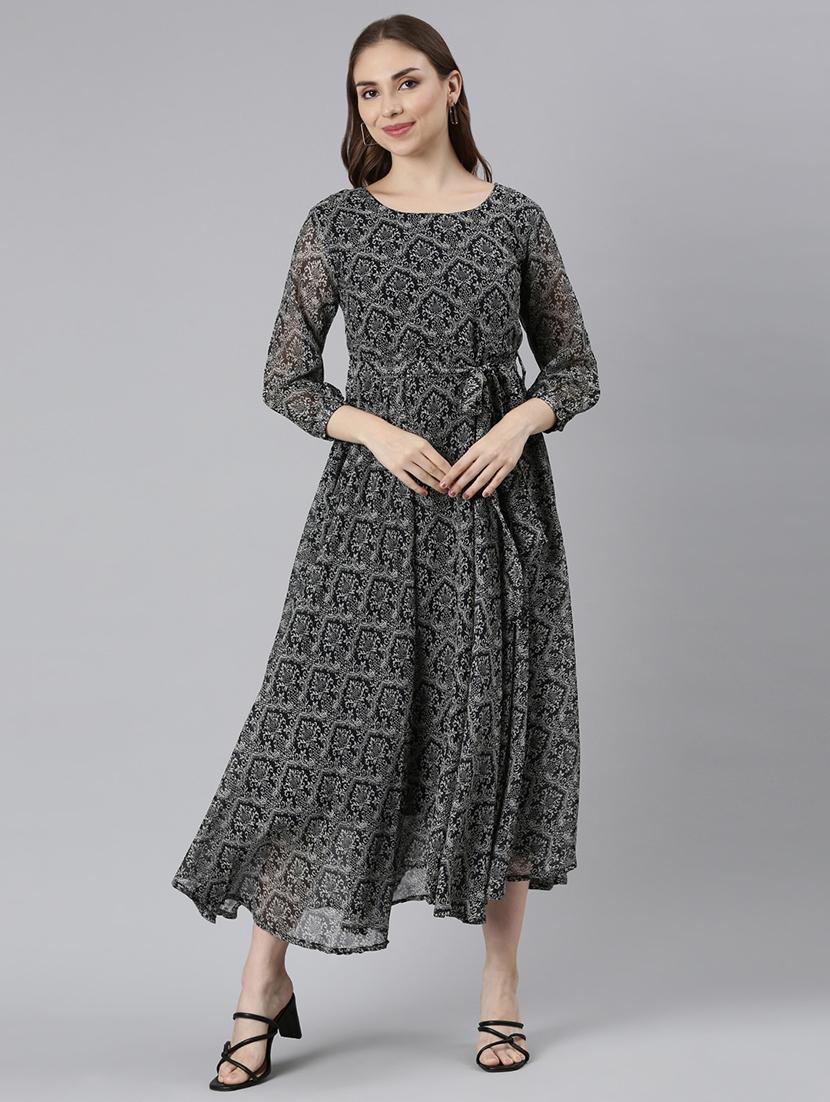 women round neck printed fit & flare ethnic dress