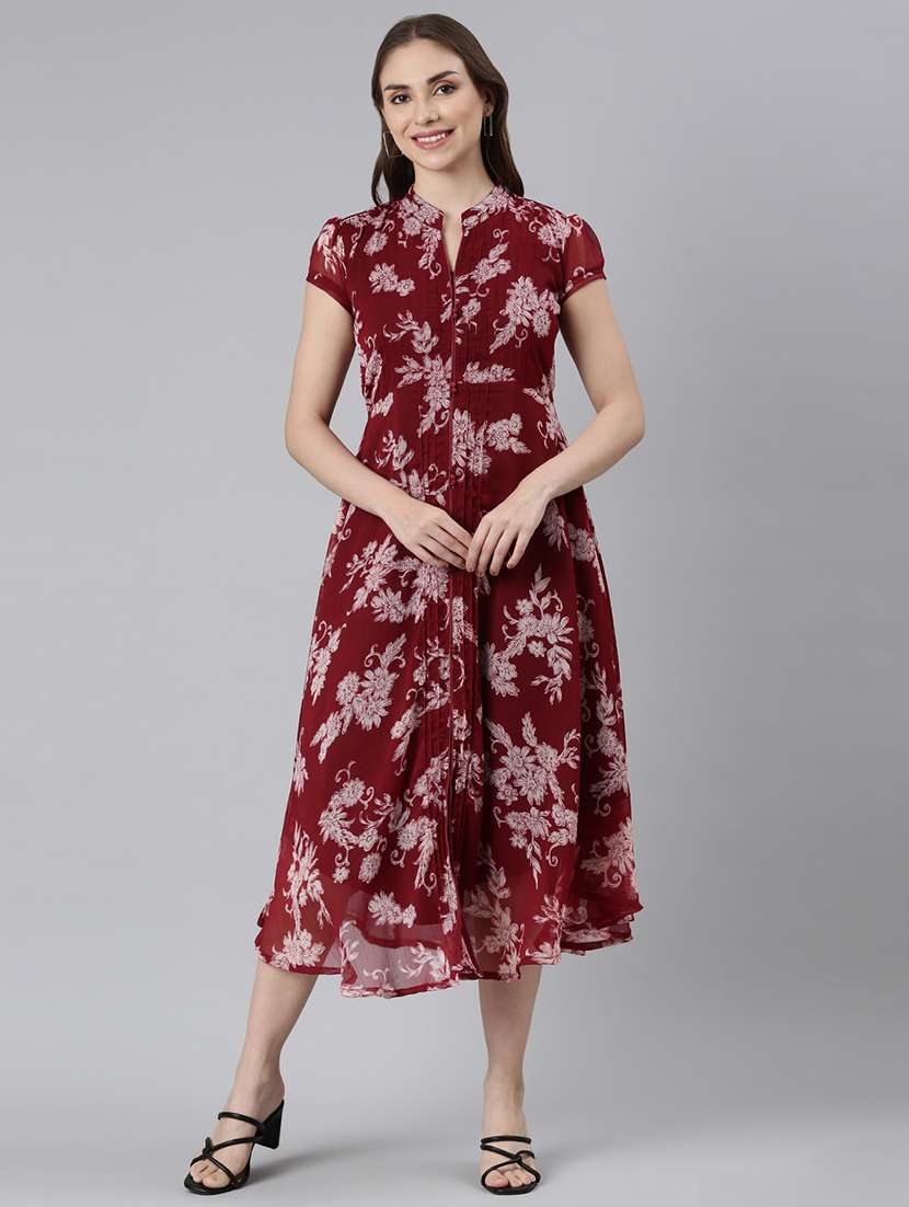 women maroon floral printed short sleeve a-line dress