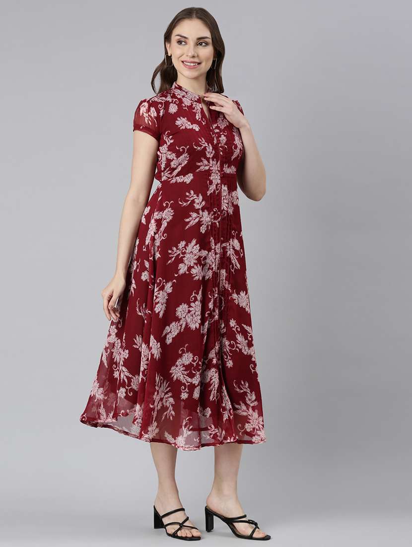 women maroon floral printed short sleeve a-line dress - 21729710 -  Standard Image - 3