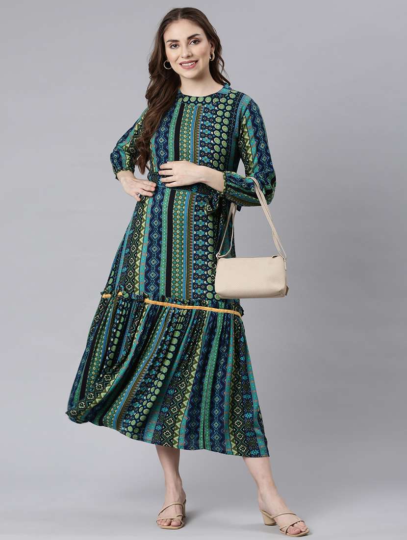 women printed round neck tiered dress
