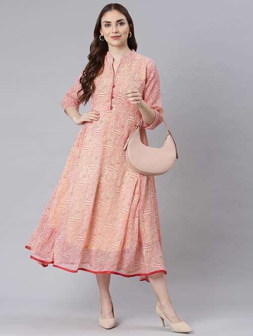 women peach printed three quarter sleeve a-line ethnic dress - 21729713 -  Standard Image - 0