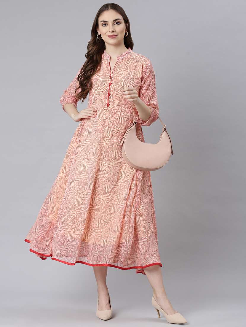women peach printed three quarter sleeve a-line ethnic dress