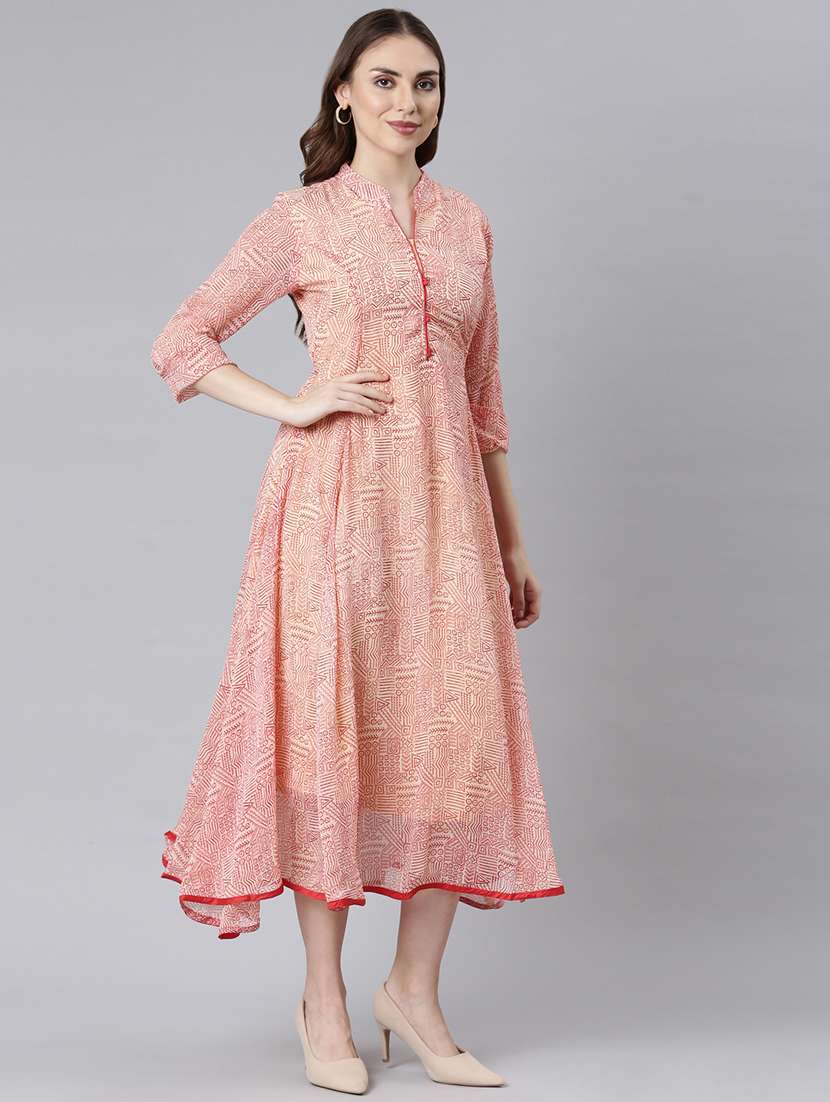 women peach printed three quarter sleeve a-line ethnic dress - 21729713 -  Standard Image - 3