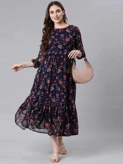 women floral printed round neck tiered dress - 21729717 -  Standard Image - 0