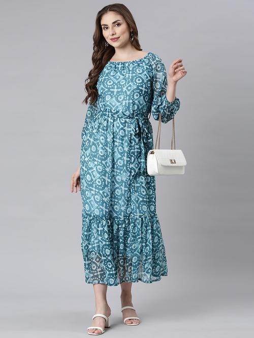 women blue three quarter sleeve tiered dress - 21729718 -  Standard Image - 0