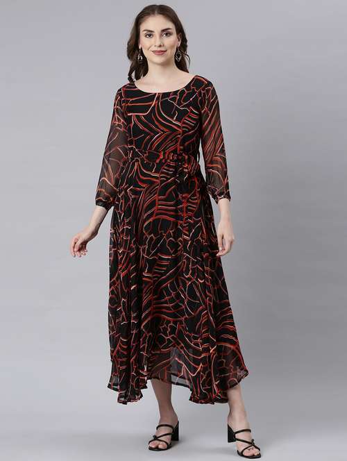 women black three quarter sleeve fit & flare dress - 21729720 - Standard Image - 0