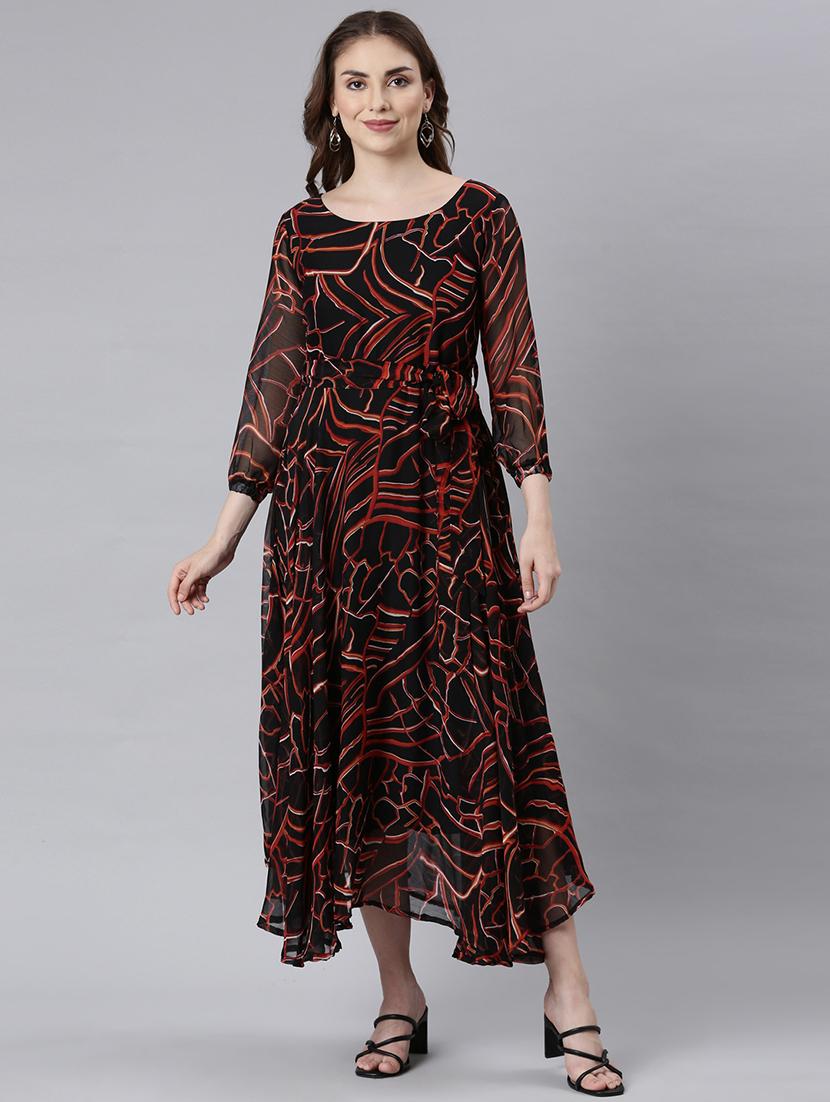 women black three quarter sleeve fit & flare dress - 21729720 - Zoom Image - 0