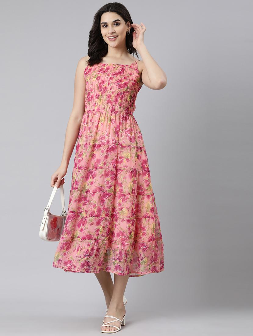 women floral printed shoulder strap tiered dress
