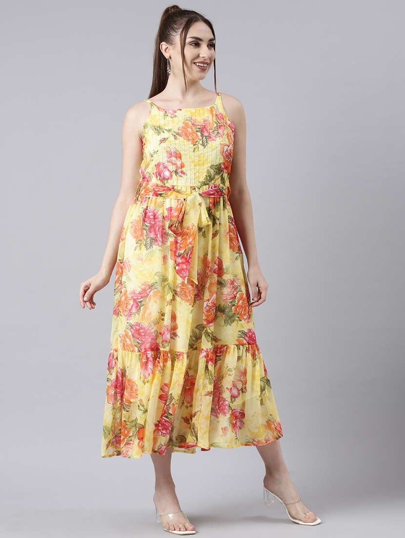 women round neck floral printed tiered dress