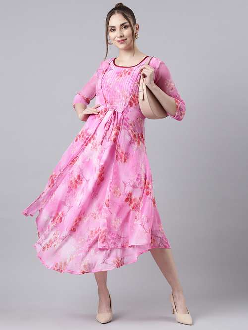 women pink three quarter sleeve a-line dress - 21729738 - Standard Image - 0