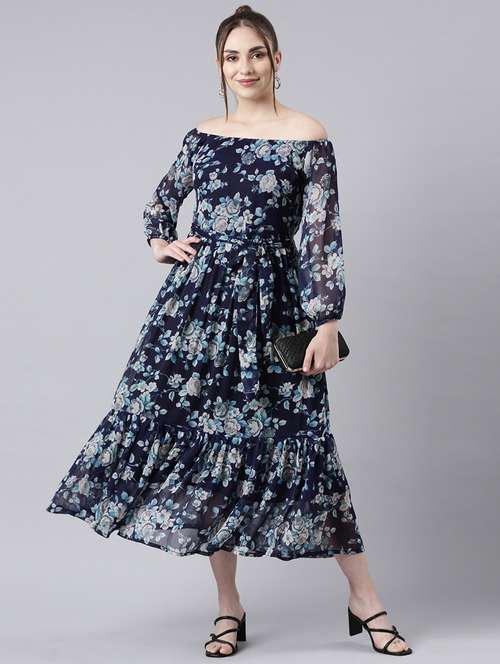 women navy blue floral printed off shoulder tiered dress - 21729739 -  Standard Image - 0