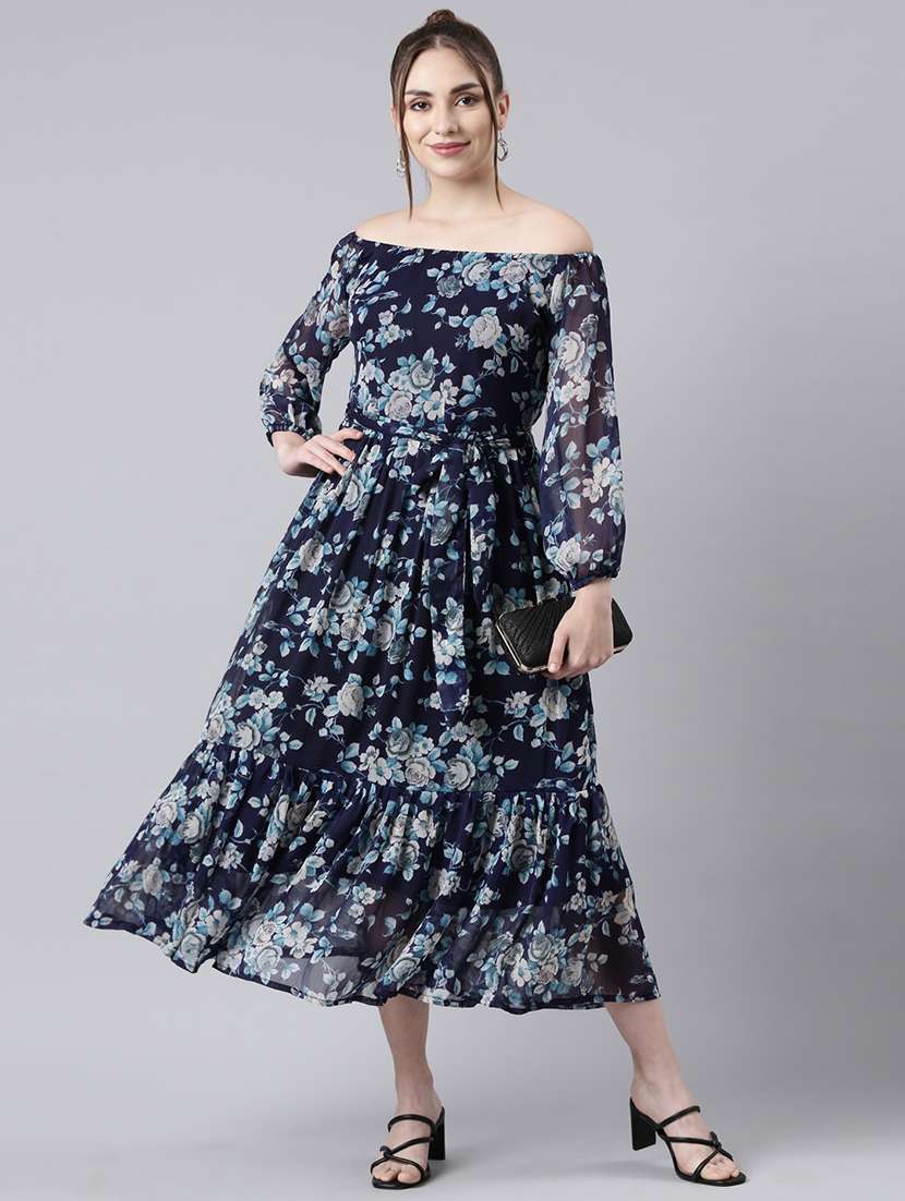 women navy blue floral printed off shoulder tiered dress