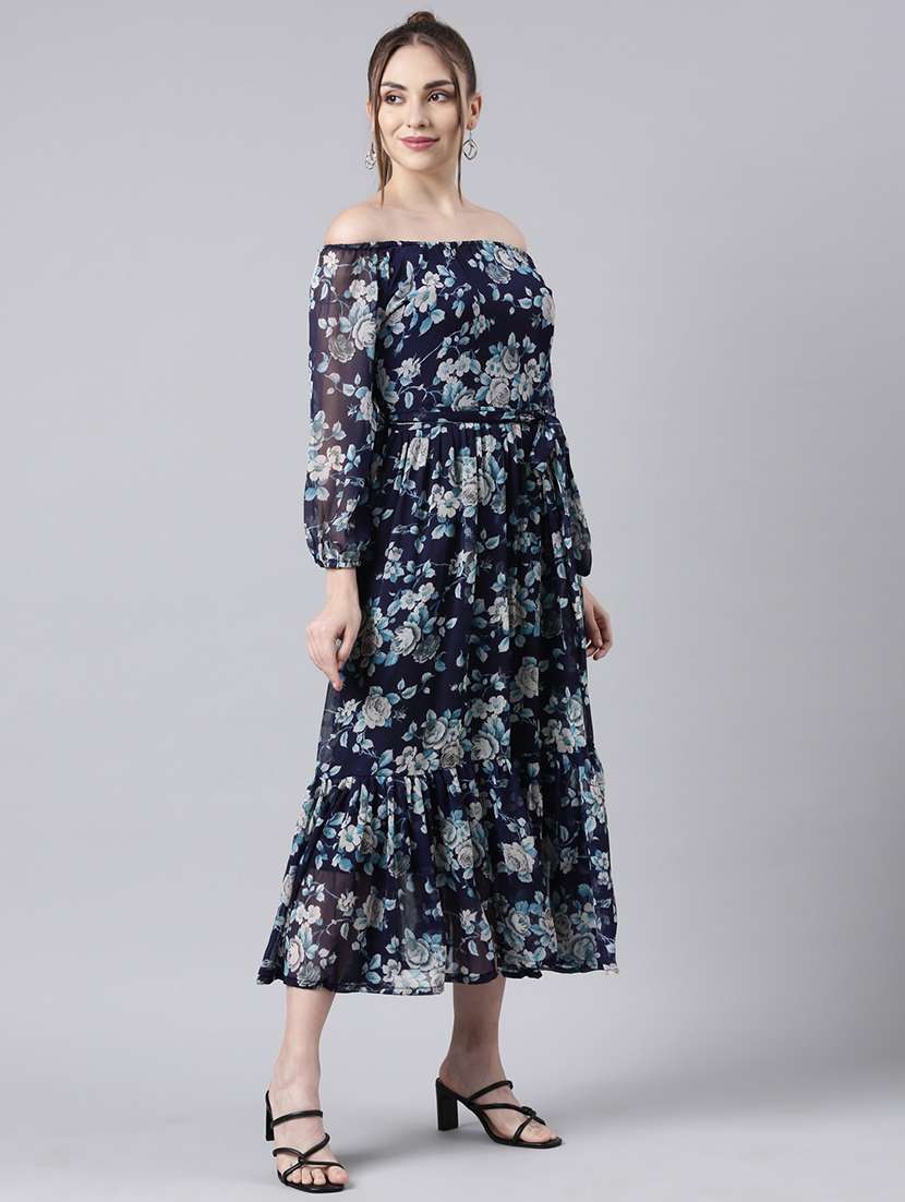 women navy blue floral printed off shoulder tiered dress - 21729739 -  Standard Image - 3