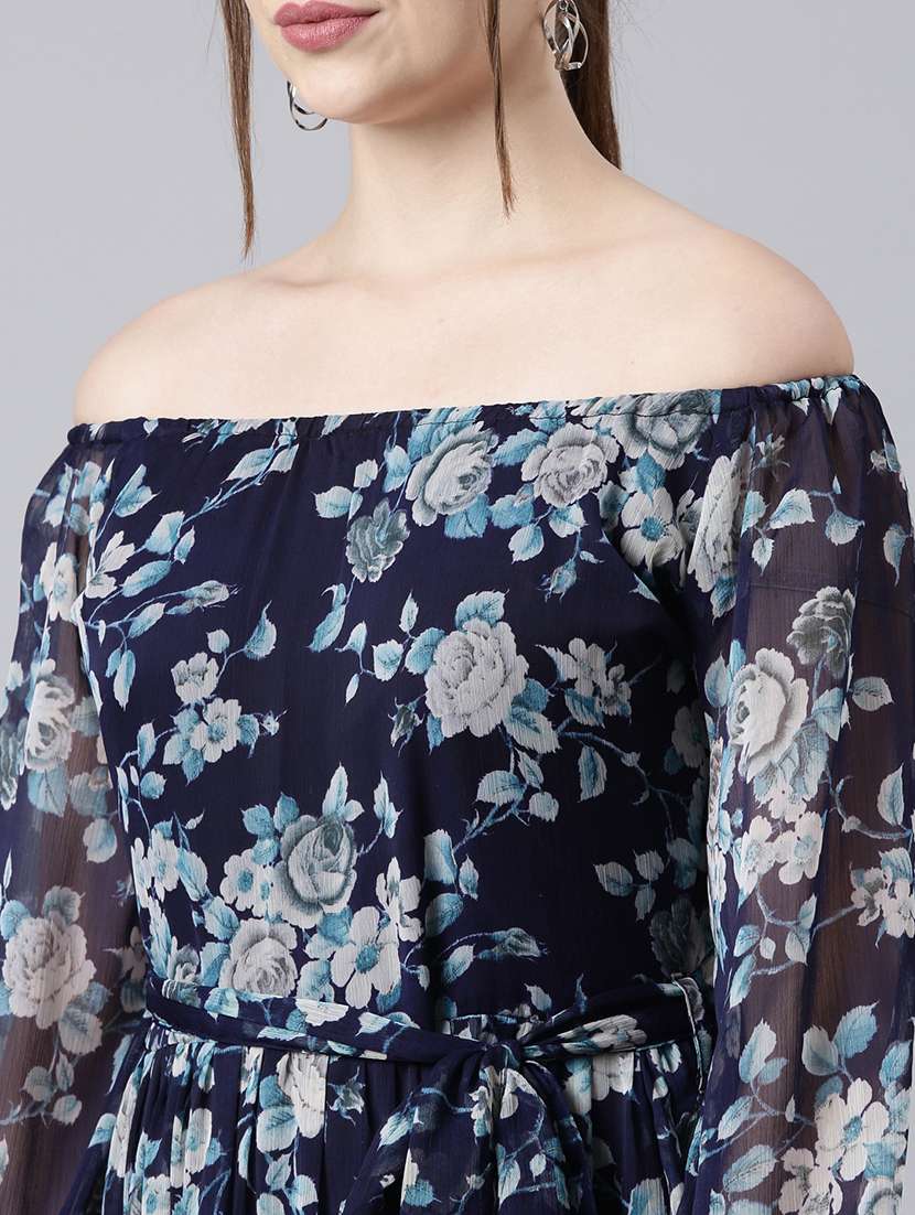 women navy blue floral printed off shoulder tiered dress - 21729739 -  Standard Image - 5