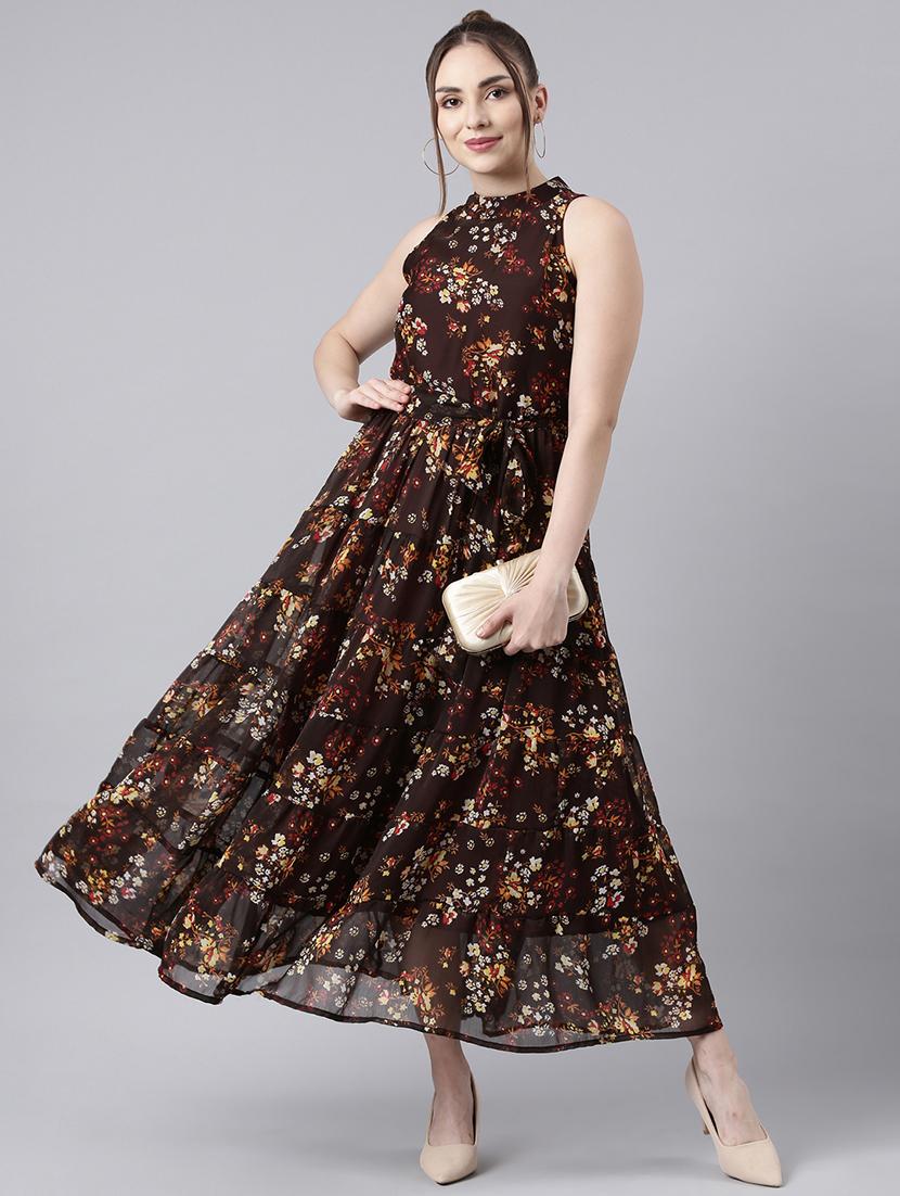 women brown floral printed fit & flare maxi dress - 21729742 -  Zoom Image - 0