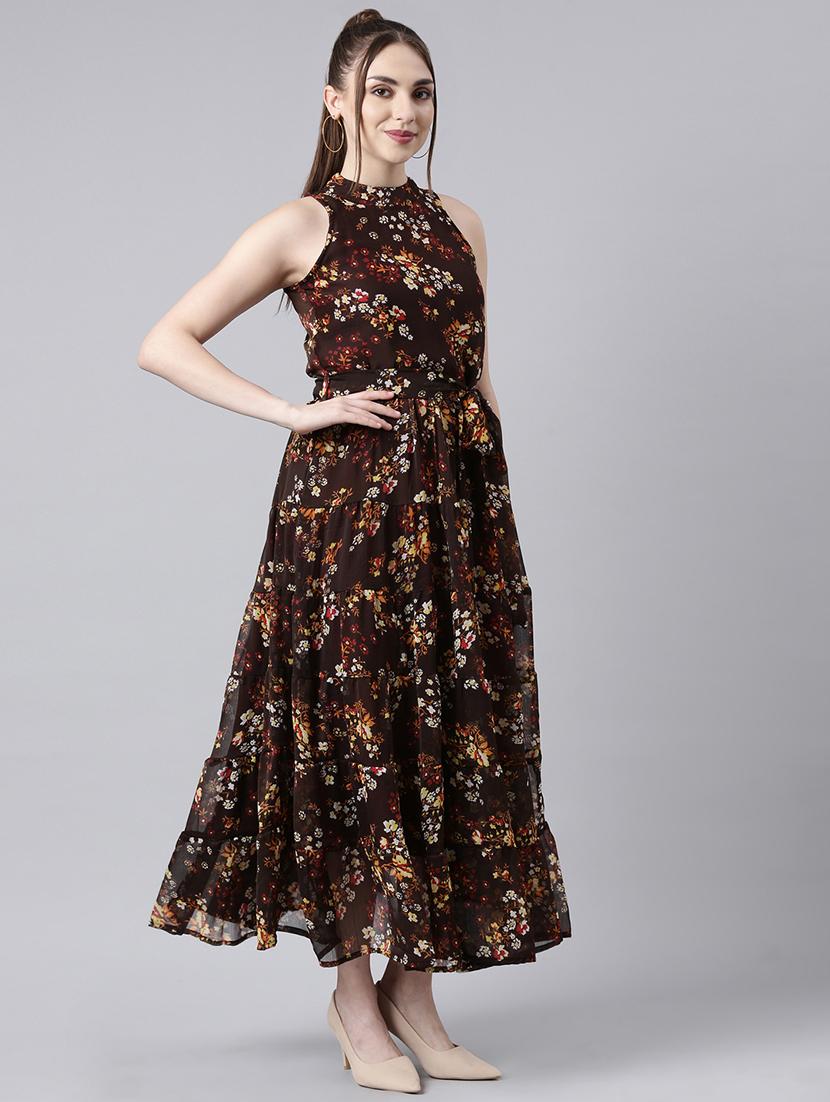 women brown floral printed fit & flare maxi dress - 21729742 - Standard Image - 3