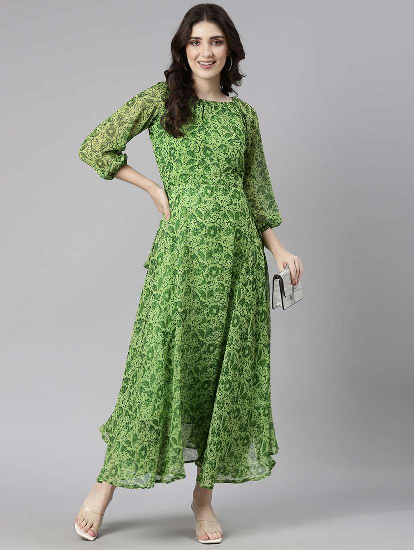 women green printed three quarter sleeve maxi dress - 21729752 -  Zoom Image - 0