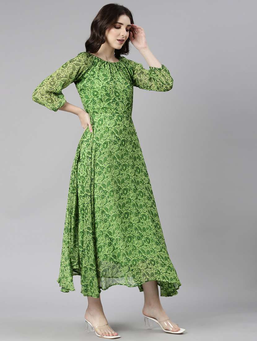 women green printed three quarter sleeve maxi dress - 21729752 -  Standard Image - 3