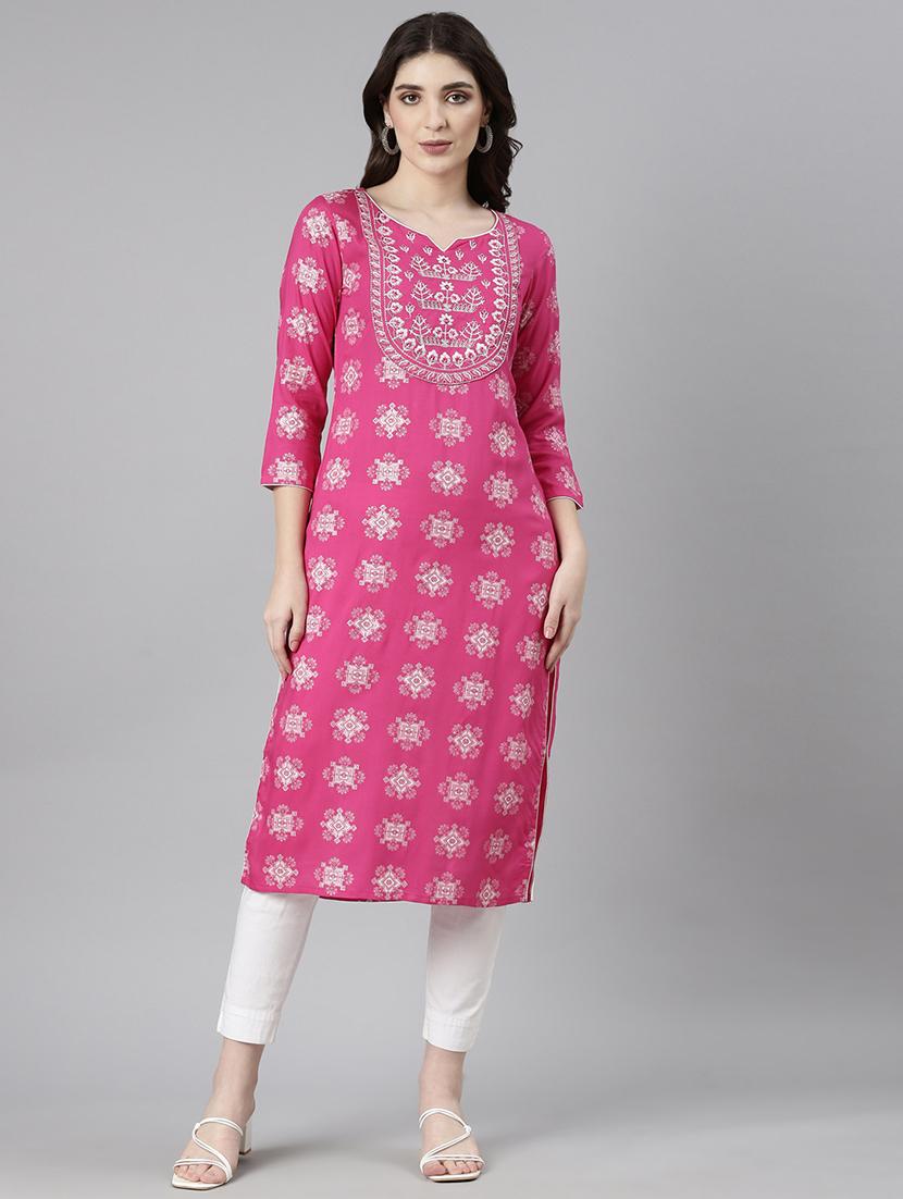 women pink three quarter sleeve straight kurta - 21729755 - Zoom Image - 0