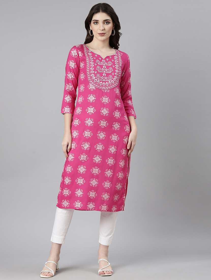 women pink three quarter sleeve straight kurta