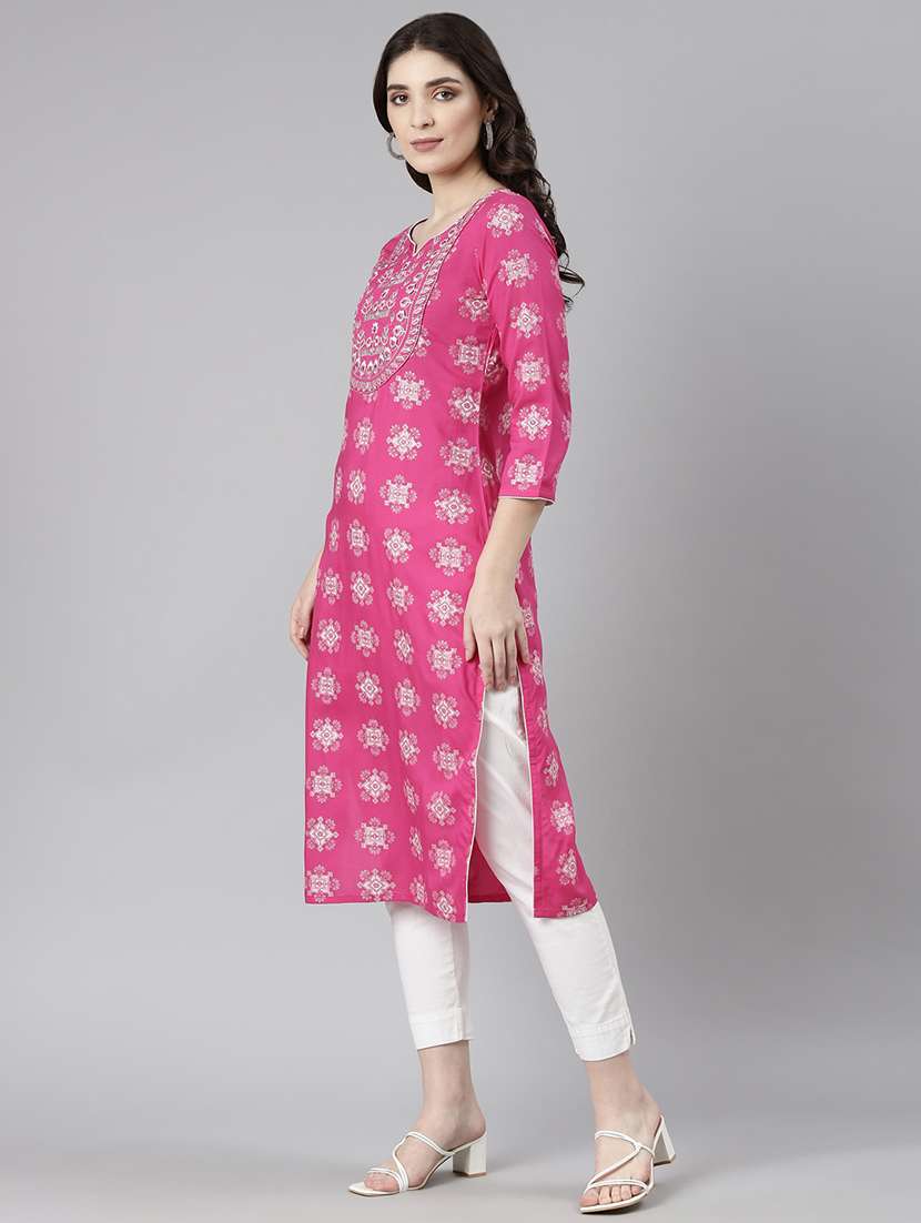 women pink three quarter sleeve straight kurta - 21729756 -  Standard Image - 3