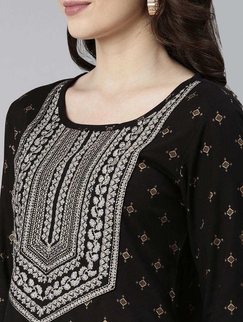 women black three quarter sleeve straight kurta - 21729758 - Standard Image - 5