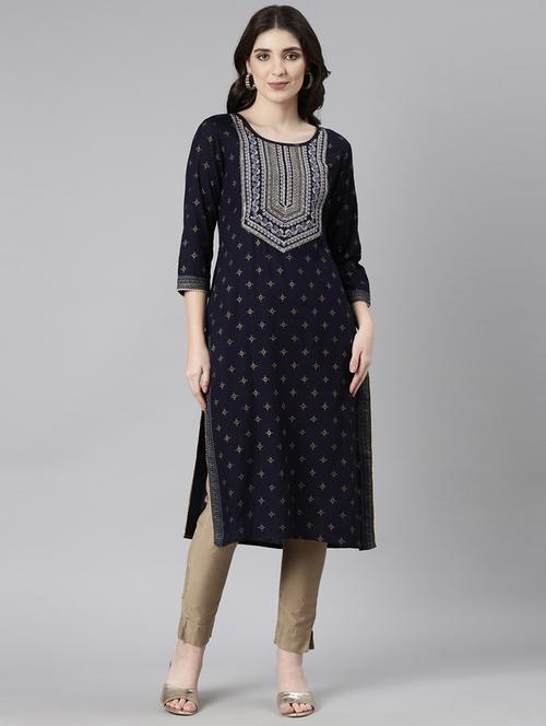 women navy blue three quarter sleeve straight kurta - 21729759 -  Standard Image - 0