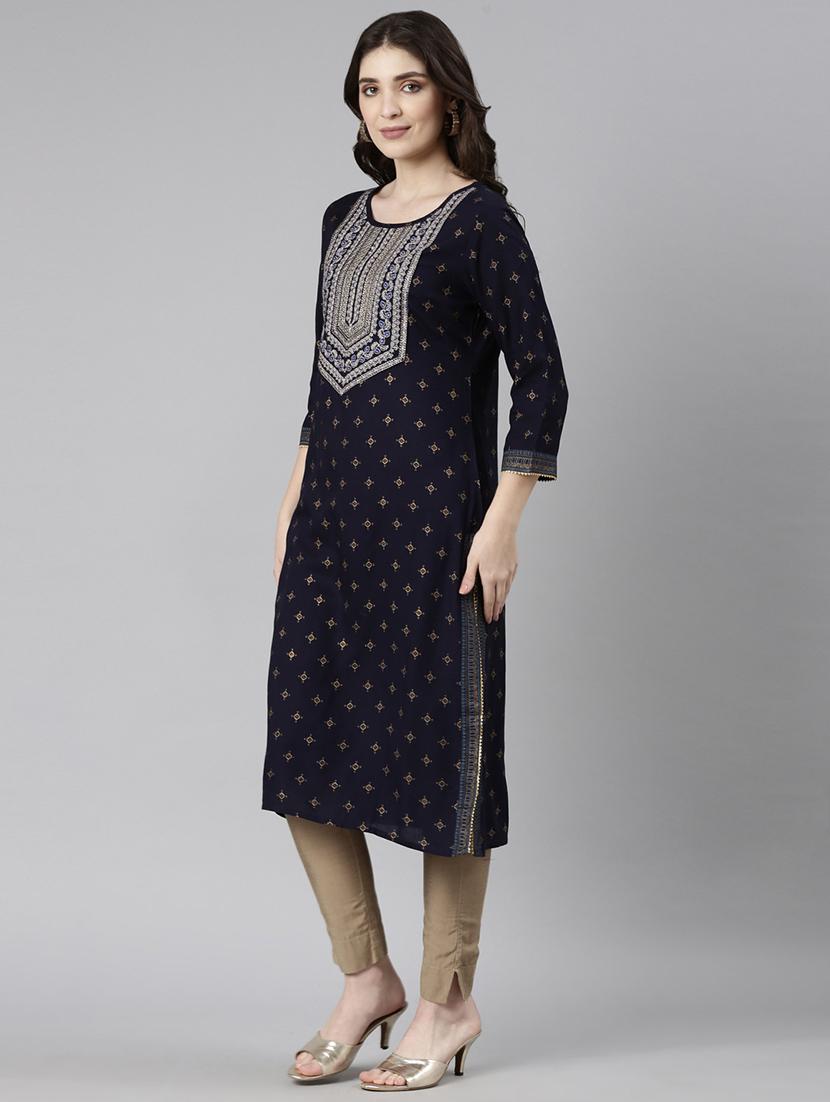 women navy blue three quarter sleeve straight kurta - 21729759 - Standard Image - 3