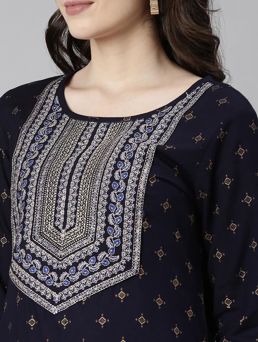 women navy blue three quarter sleeve straight kurta - 21729759 - Standard Image - 5