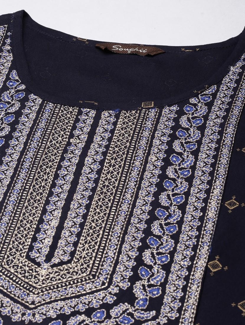 women navy blue three quarter sleeve straight kurta - 21729759 - Standard Image - 8