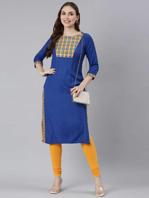 women blue three quarter sleeve straight kurta - 21729764 -  Standard Image - 0