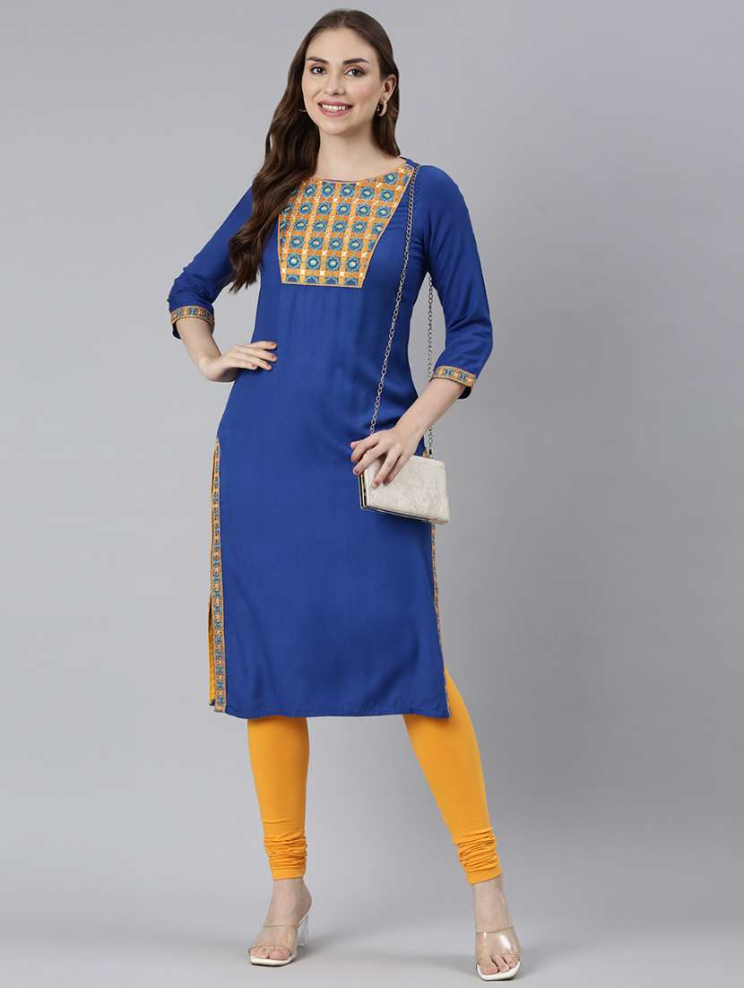 women blue three quarter sleeve straight kurta