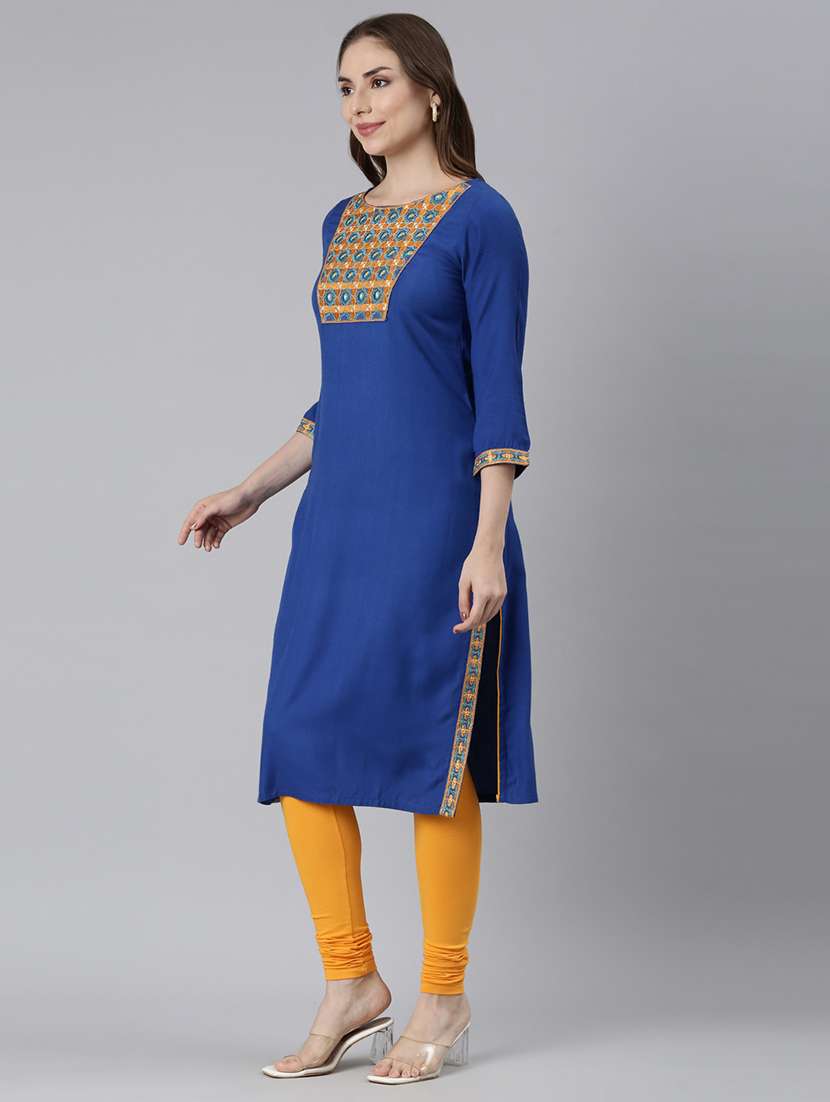 women blue three quarter sleeve straight kurta - 21729764 -  Standard Image - 3