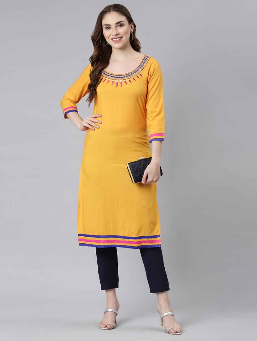 women mustard three quarter sleeve straight kurta
