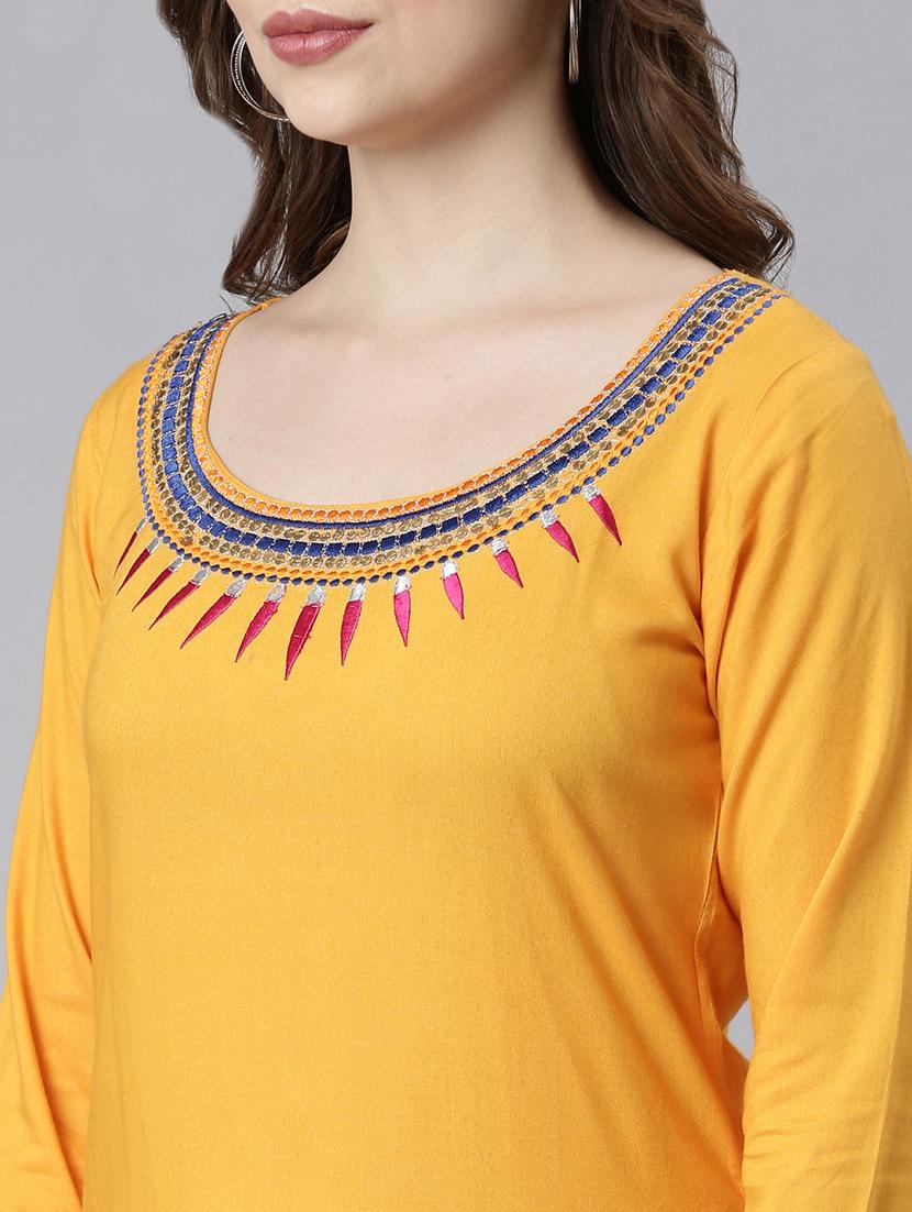 women mustard three quarter sleeve straight kurta - 21729770 - Standard Image - 5