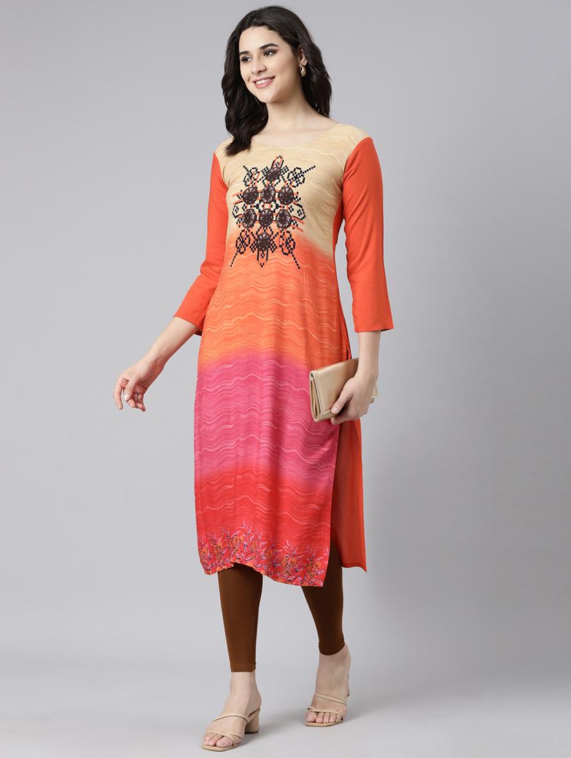 women printed three quarter sleeve straight kurta - 21729776 -  Zoom Image - 0