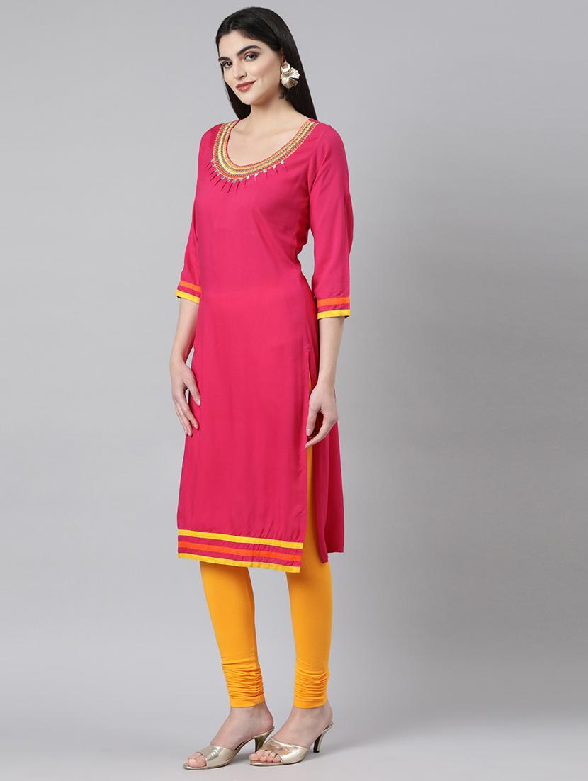 women embroidered three quarter sleeve straight kurta - 21729782 - Standard Image - 3