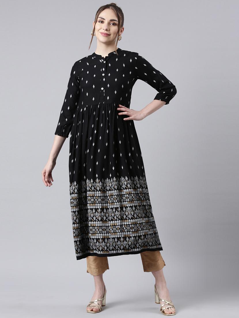women black printed three quarter sleeve flared kurta - 21729787 - Standard Image - 3