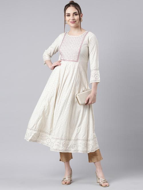 women cream three quarter sleeve flared kurta - 21729788 - Standard Image - 0