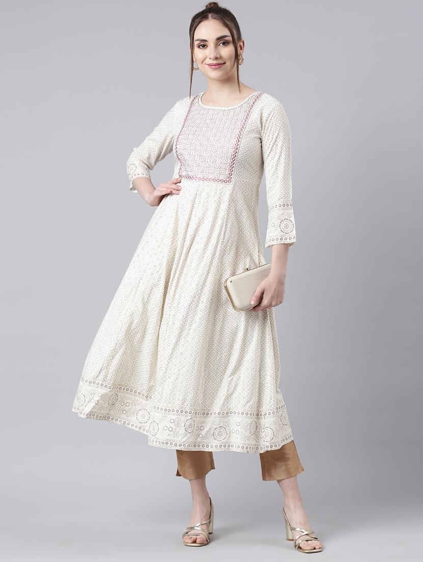 women cream three quarter sleeve flared kurta - 21729788 - Zoom Image - 0