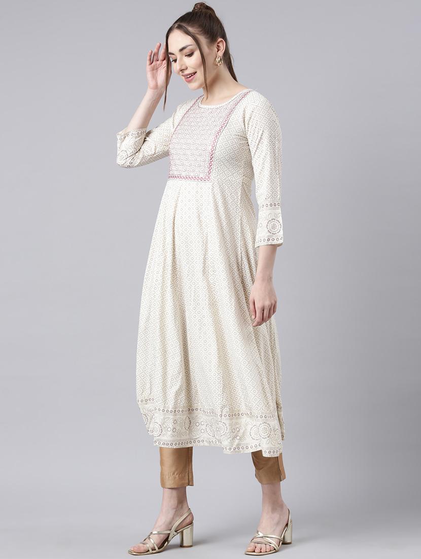 women cream three quarter sleeve flared kurta - 21729788 - Standard Image - 3