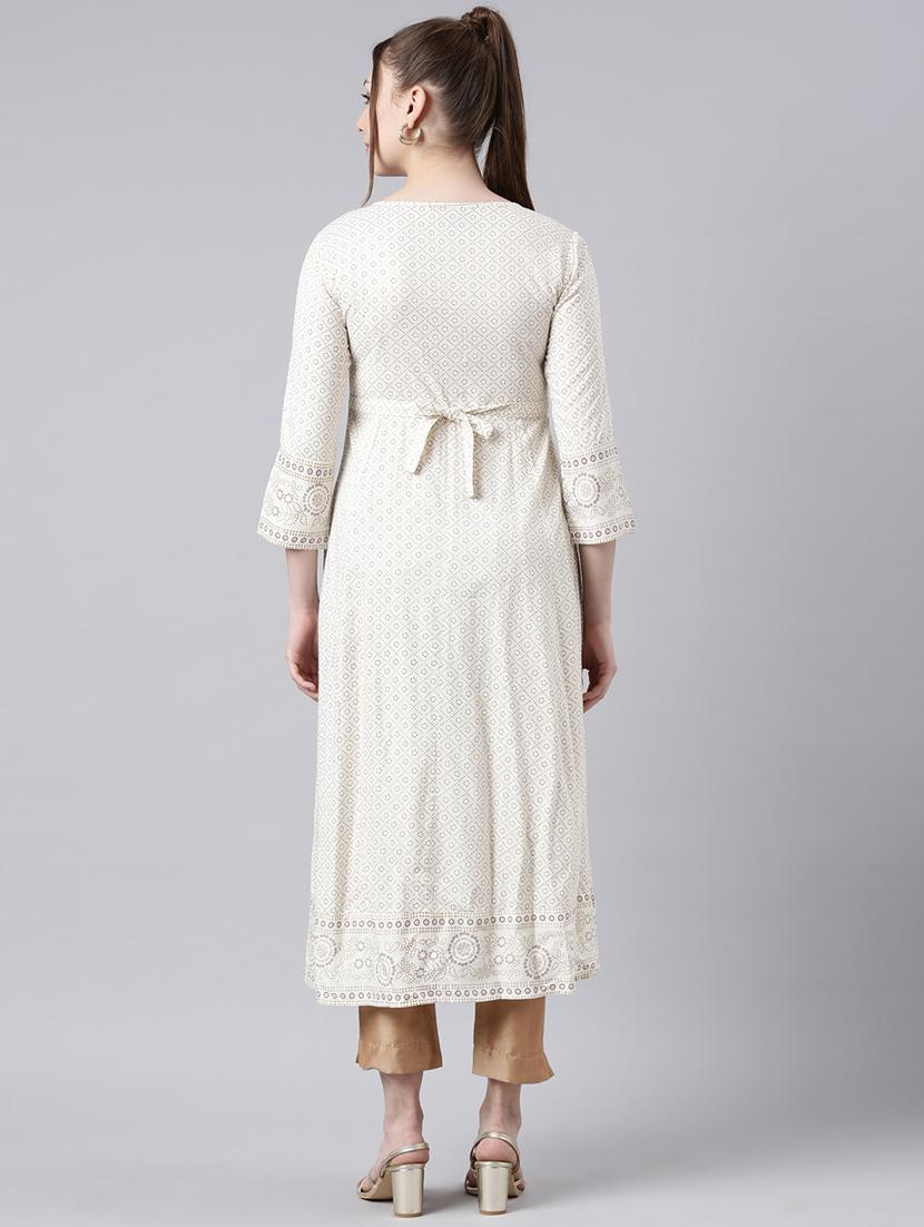 women cream three quarter sleeve flared kurta - 21729788 - Standard Image - 5