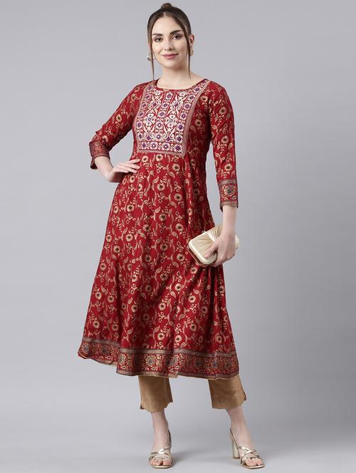 women embroidered three quarter sleeve flared kurta - 21729790 -  Standard Image - 0