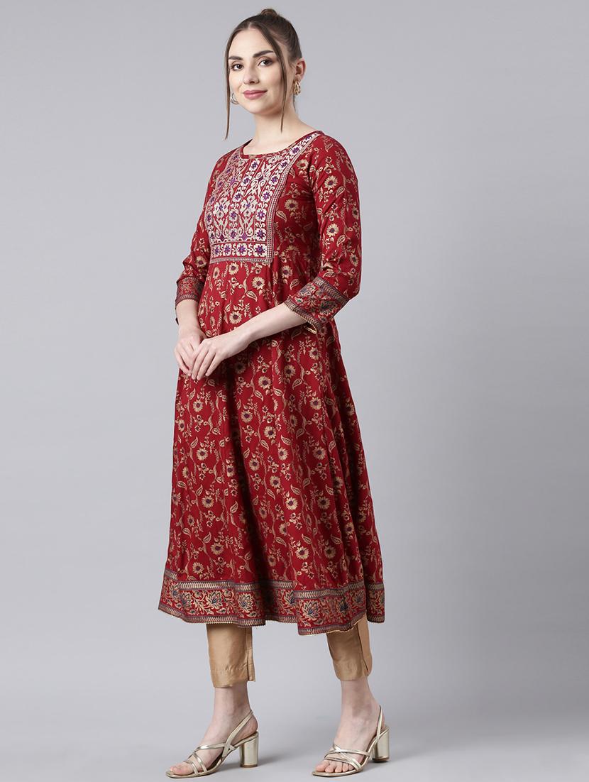 women embroidered three quarter sleeve flared kurta - 21729790 - Standard Image - 3