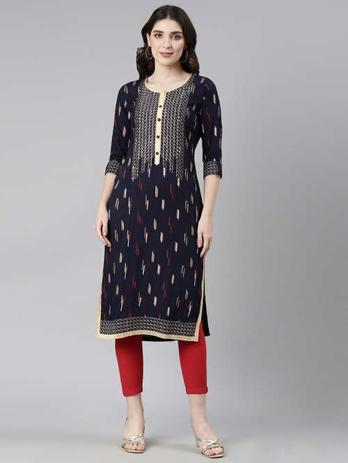 women embroidered three quarter sleeve straight kurta - 21729794 -  Standard Image - 0