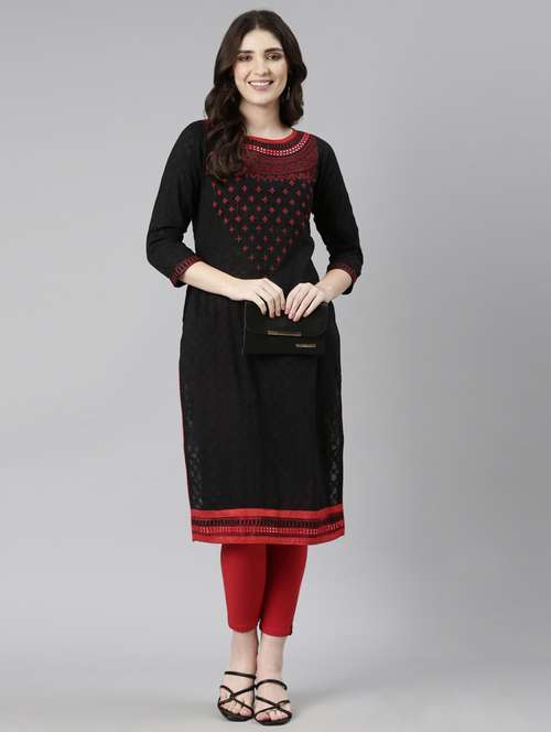 women embroidered three quarter sleeve straight kurta - 21729796 -  Standard Image - 0