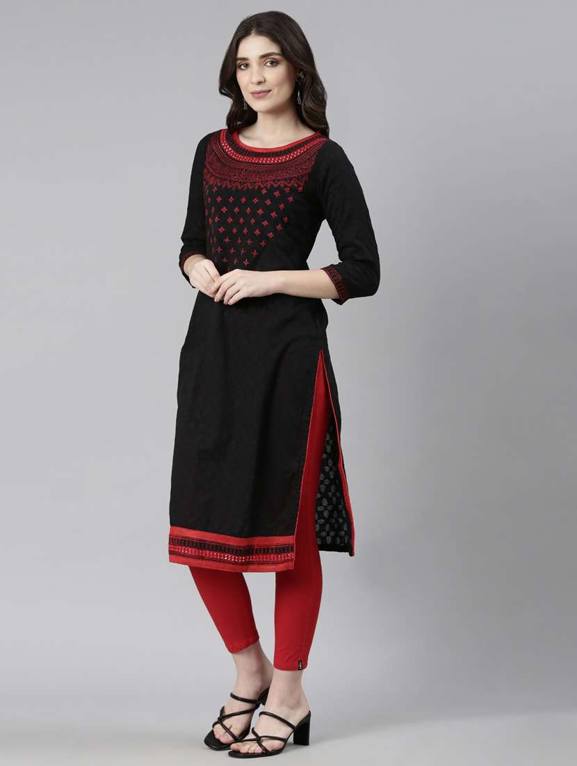 women embroidered three quarter sleeve straight kurta - 21729796 -  Standard Image - 3